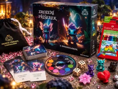 The Zrození příšerek z Fantazilandie game with colourful monster figures, cards and pencils