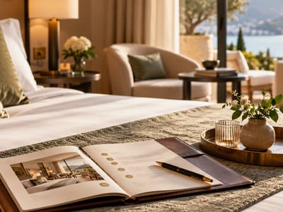 A hotel room overlooking a lake, with an open assessment report on the bed