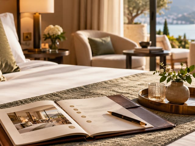 A hotel room overlooking a lake, with an open assessment report on the bed