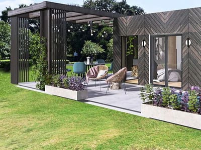 Visualisation of a garden building with a pergola and terrace seating